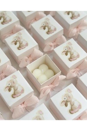 Doğum/Mevlid/Diş Buğdayı Tavşan Temalı Mum Kişiye Özel Etiketli 25 Adet