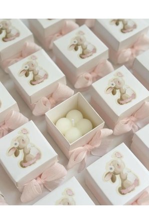 Doğum/Mevlid/Diş Buğdayı Tavşan Temalı Mum Kişiye Özel Etiketli 25 Adet