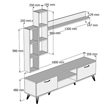 Mega 180 lik Kitaplıklı Raflı Tv Ünitesi Çam Hazeran Kapaklı - TVU0304