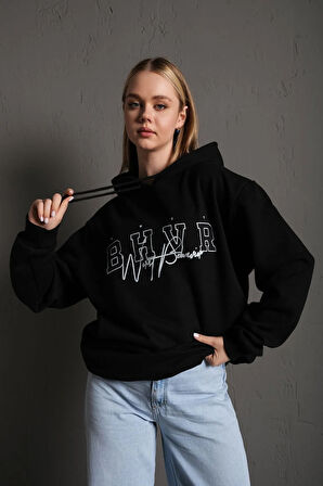 Unisex Siyah Bhvr Kapüşonlu Sweatshirt