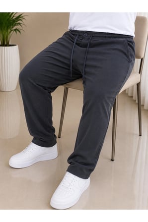 Erkek Battal Beden Siyah Desenli Jogger Pantolon Diagonal Kumaş Lastikli Bel Bağcıklı Rahat Kesim