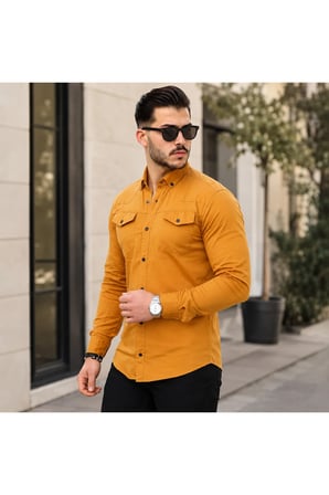 Erkek Hardal Gabardin Gömlek Uzun Kollu Çift Cepli Düğmeli Günlük Slim Fit Gömlek