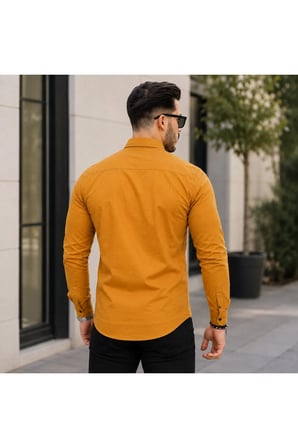 Erkek Hardal Gabardin Gömlek Uzun Kollu Çift Cepli Düğmeli Günlük Slim Fit Gömlek