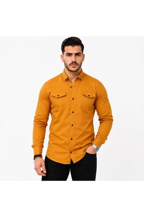 Erkek Hardal Gabardin Gömlek Uzun Kollu Çift Cepli Düğmeli Günlük Slim Fit Gömlek