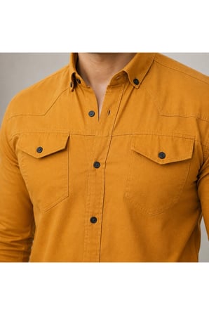 Erkek Hardal Gabardin Gömlek Uzun Kollu Çift Cepli Düğmeli Günlük Slim Fit Gömlek