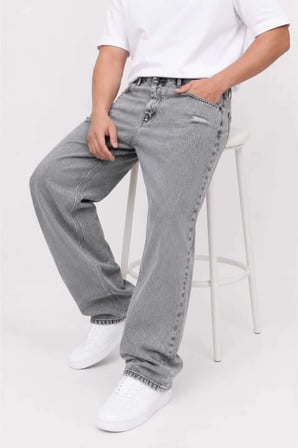 Erkek Gri Yıkamalı Bol Paça Jean Pantolon Oversize Baggy Rahat Kesim Kot Pantolon