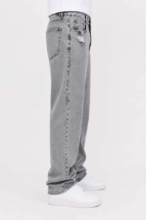Erkek Gri Yıkamalı Bol Paça Jean Pantolon Oversize Baggy Rahat Kesim Kot Pantolon
