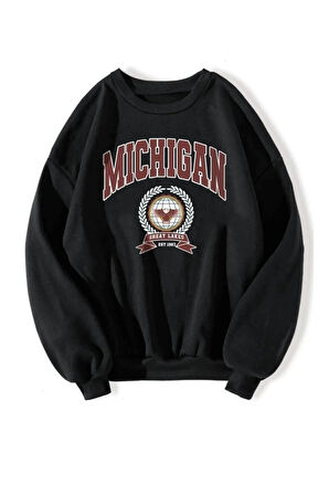 Kadın Siyah Michigan Baskılı Oversize Sweatshirt