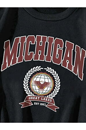 Kadın Siyah Michigan Baskılı Oversize Sweatshirt