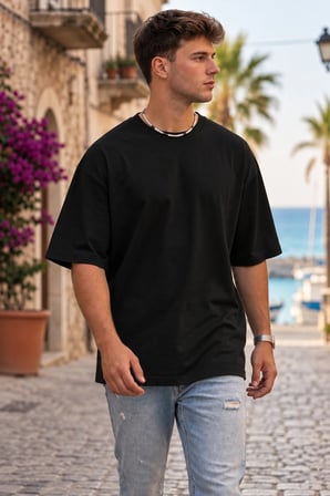 Erkek Oversize Tişört Bisiklet Yaka Basic Bol Kesim Kısa Kollu Günlük T-Shirt