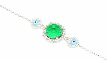 925 Ayar Gümüş Yeşil Taşlı Kalp Bileklik, Beyaz