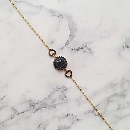 925 Ayar Gümüş Oniks Taşlı Kalp Model Bileklik