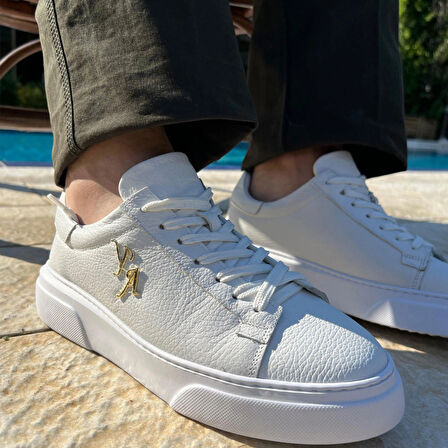 Kalın Ortopedik Tabanlı %100 Deri Sneaker Spor Ayakkabı - Beyaz