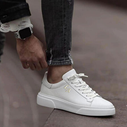 Kalın Ortopedik Tabanlı %100 Deri Sneaker Spor Ayakkabı - Beyaz