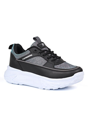 Kadın Kalın Tabanlı Siyah Gümüş Parlak Sneaker Spor Ayakkabı – Rahat, Şık ve Günlük Kullanıma Uygun