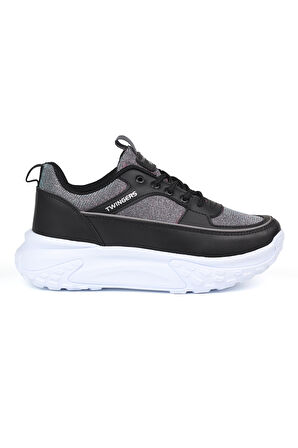 Kadın Kalın Tabanlı Siyah Gümüş Parlak Sneaker Spor Ayakkabı – Rahat, Şık ve Günlük Kullanıma Uygun