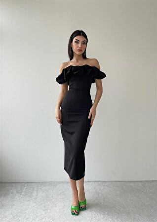 Midi Atlas Elbise Siyah -00012