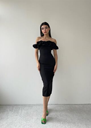 Midi Atlas Elbise Siyah -00012