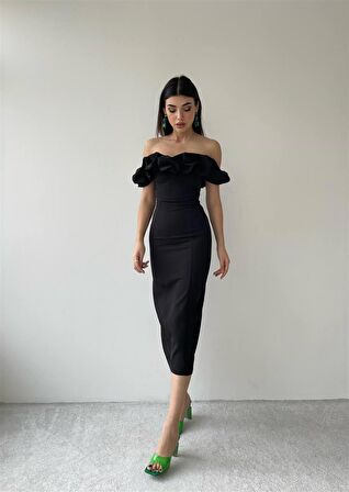 Midi Atlas Elbise Siyah -00012
