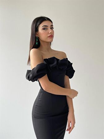 Midi Atlas Elbise Siyah -00012