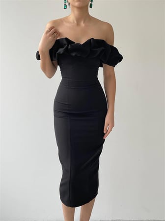 Midi Atlas Elbise Siyah -00012