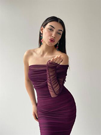 MOR RENKLİ TEK KOLU TÜL DRAPELİ ELBİSE -6682