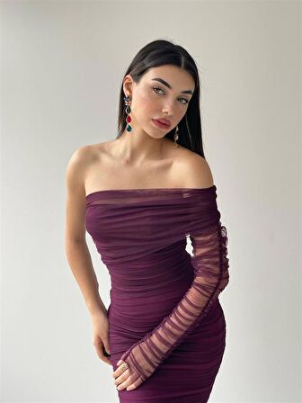 MOR RENKLİ TEK KOLU TÜL DRAPELİ ELBİSE -6682
