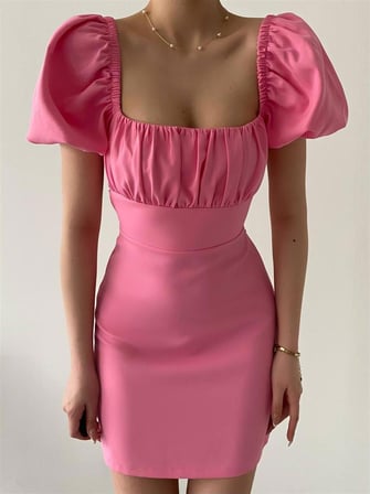 Pembe Sırt Dekolteli Atlas Elbise -6751