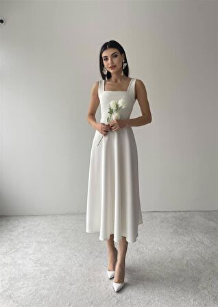 Beyaz Colliope Kare Yaka Midi Boy Elbise -00037
