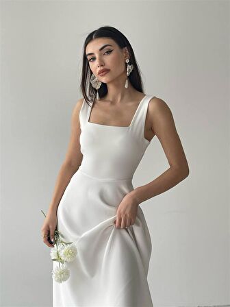 Beyaz Colliope Kare Yaka Midi Boy Elbise -00037