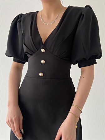 Siyah Linda Önü Düğmeli Midi Elbise 
