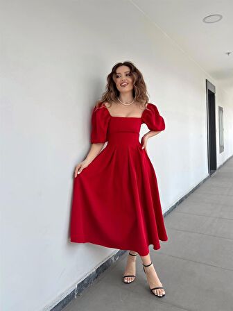 Kırmızı Benjamin Çan Etekli Midi Boy Elbise 
