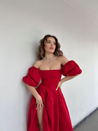Kırmızı Benjamin Çan Etekli Midi Boy Elbise 