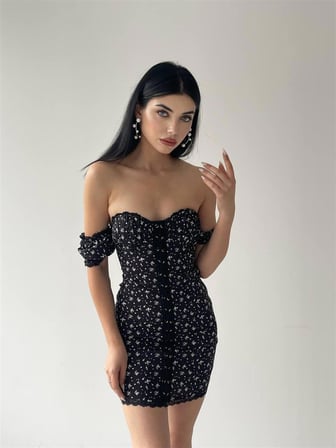 Karla Siyah Mini Elbise 