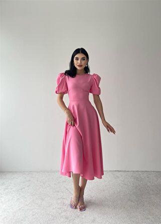 Viki Midi Boy Kloş Elbise Pembe-4414