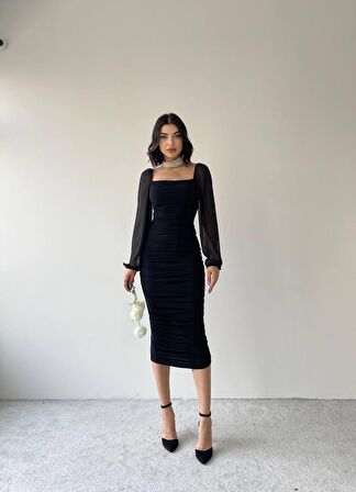 Sildane Drapeli Tül Kol Elbise Siyah