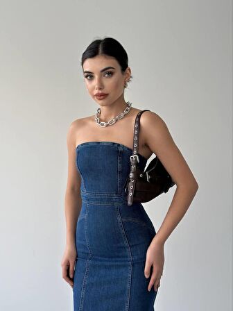 Straplez Midi Denim Elbise