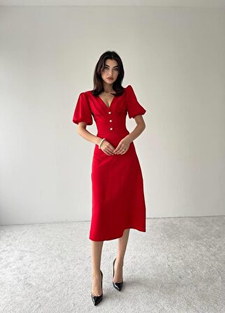Linda Önü Düğmeli Midi Elbise