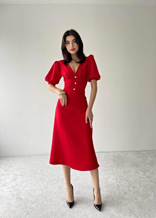 Linda Önü Düğmeli Midi Elbise