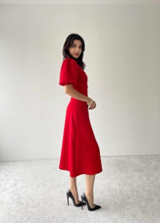 Linda Önü Düğmeli Midi Elbise