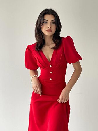 Linda Önü Düğmeli Midi Elbise