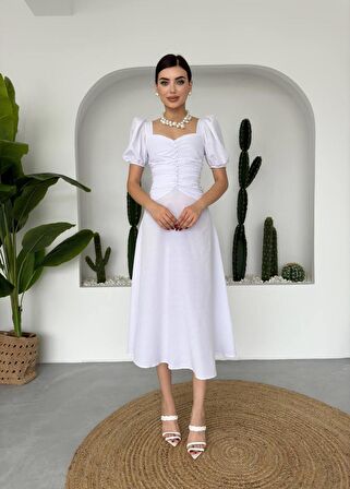 Poplin Düğmeli Midi Boy Elbise