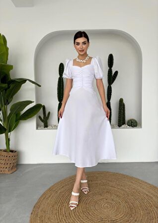 Poplin Düğmeli Midi Boy Elbise