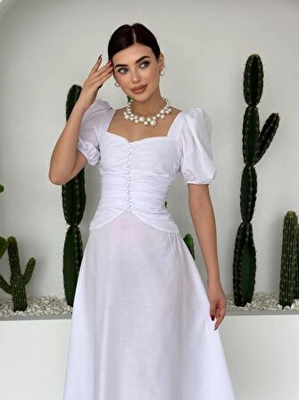 Poplin Düğmeli Midi Boy Elbise