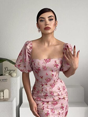 Balon Kol Çiçekli Uzun Elbise