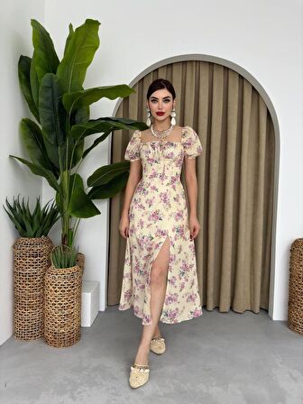 Yazgülü Yırtmaçlı Sarı Çiçekli Elbise 