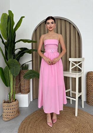 Poplin Kemerli Askılı Elbise
