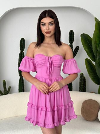 Leydi Düşük Kol Şifon Mini Gloplu Elbise