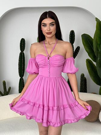 Leydi Düşük Kol Şifon Mini Gloplu Elbise
