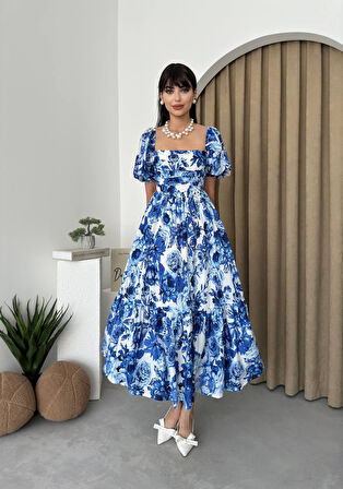 Balon Kol Kiloş Mavi Çiçekli Midi Boy Elbise